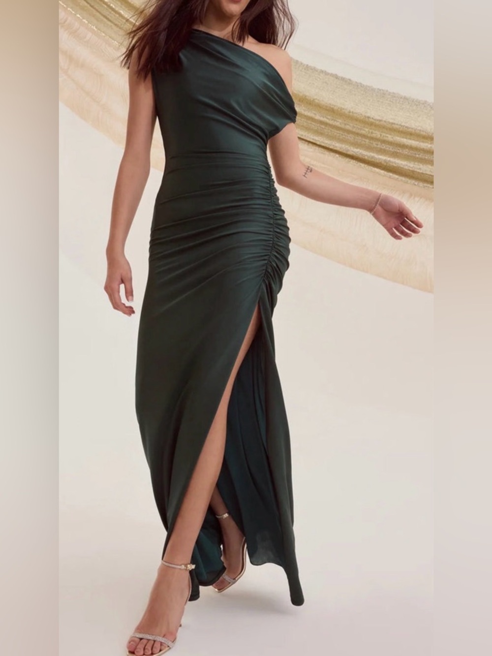Windsor Off-Shoulder Dark Green Ruched Dress with Side Slit